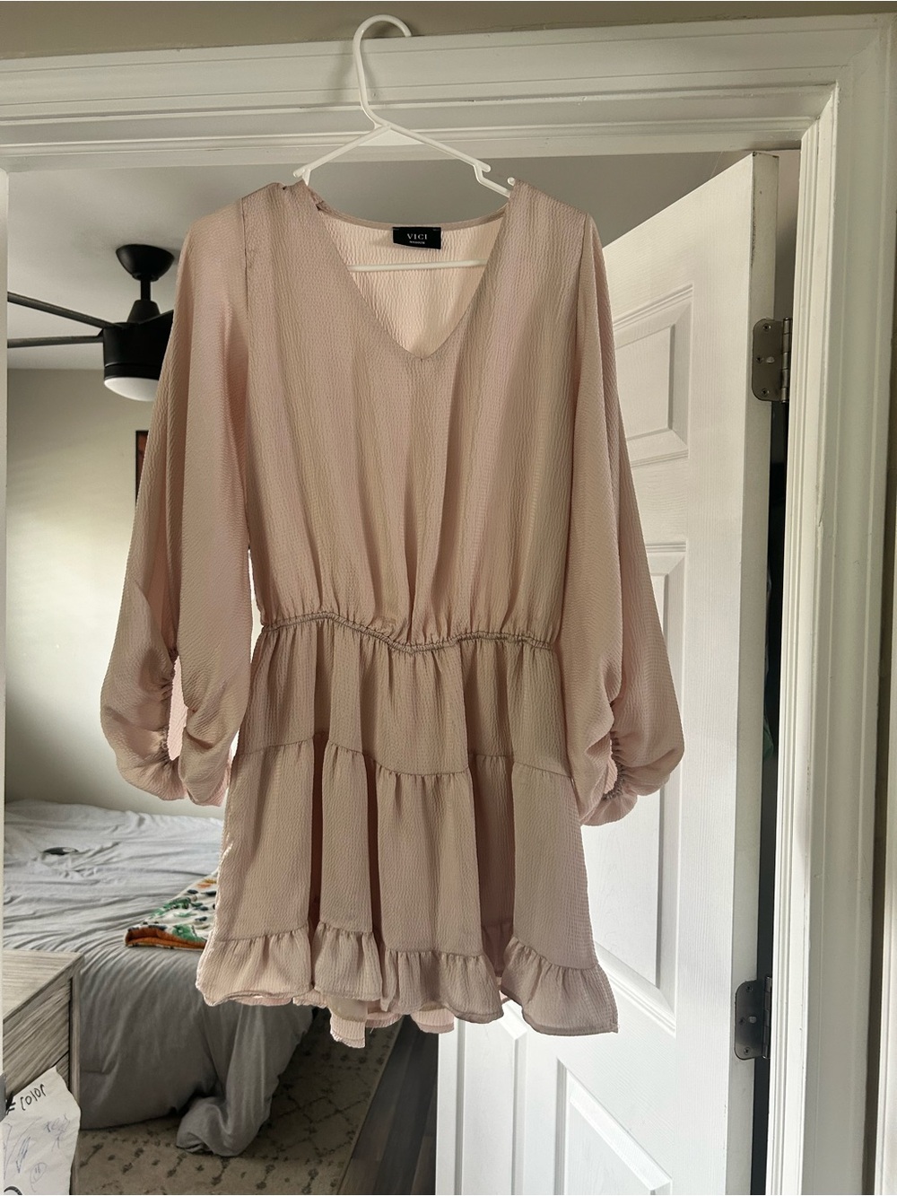 Vici Soft Champagne Long Sleeve Tiered V-Neck Dress